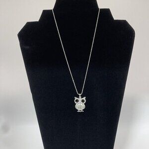NEW Silver Tone Chain Crystal  & Black Rhinestone Owl Pendant Fashion Necklace